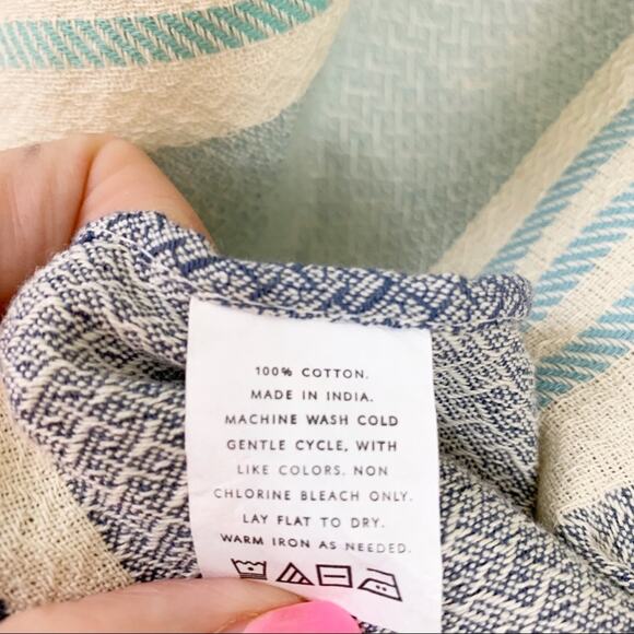 Tribe Alive Fringe Trim V-Neck Striped Cream/Blue Blanket Poncho - Picture 3 of 4